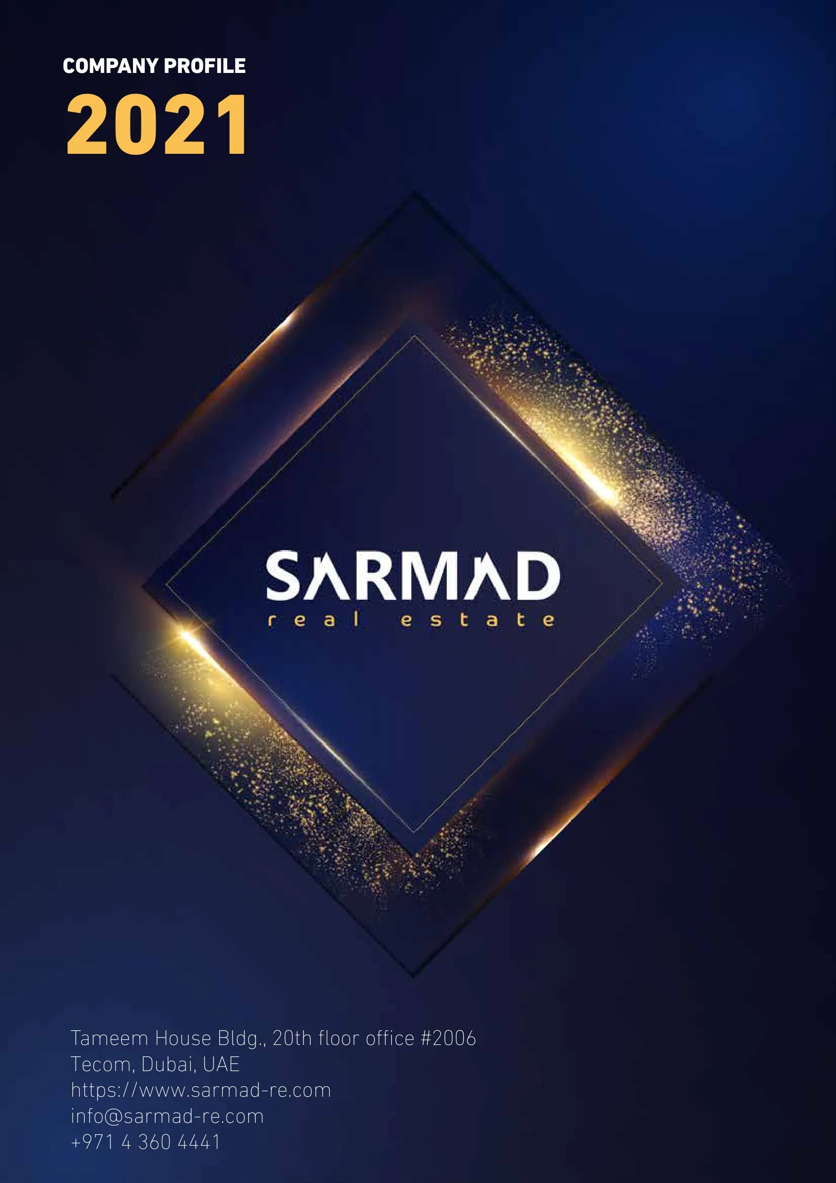 Sarmad company profile cover, navy with gold frame