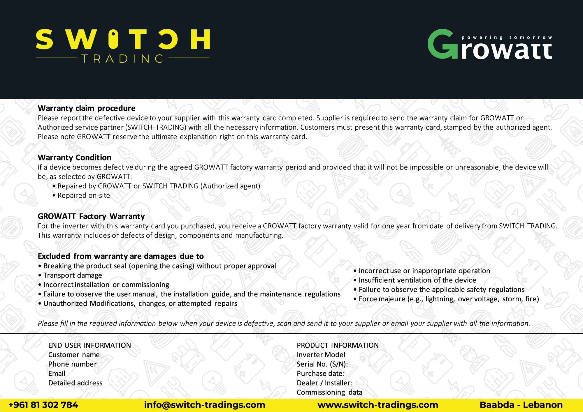 Warranty card, English